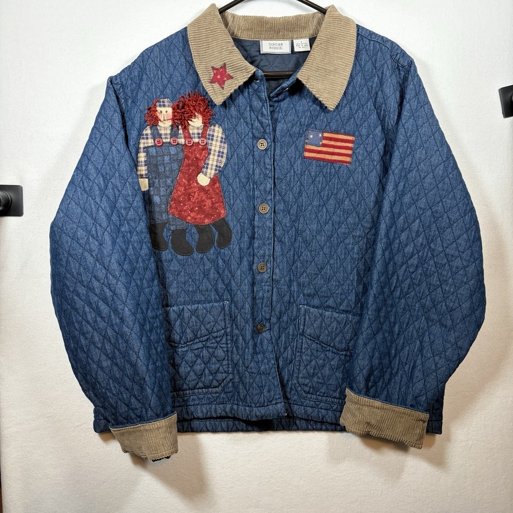 Women's Jacket Patriotic Quilted Large Raggedy Ann & Andy Blue Corduroy
